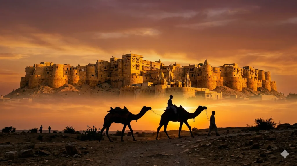 Jaisalmer Fort sunset golden sandstone camel silhouette