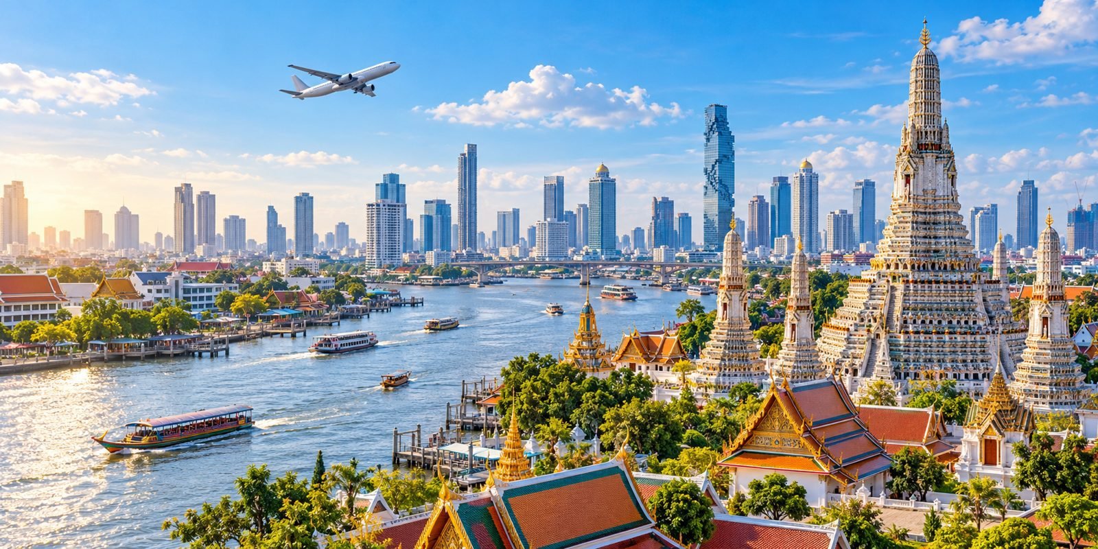 Bangkok skyline and temple beside the Chao Phraya River illustrating direct flight connectivity from Guwahati
