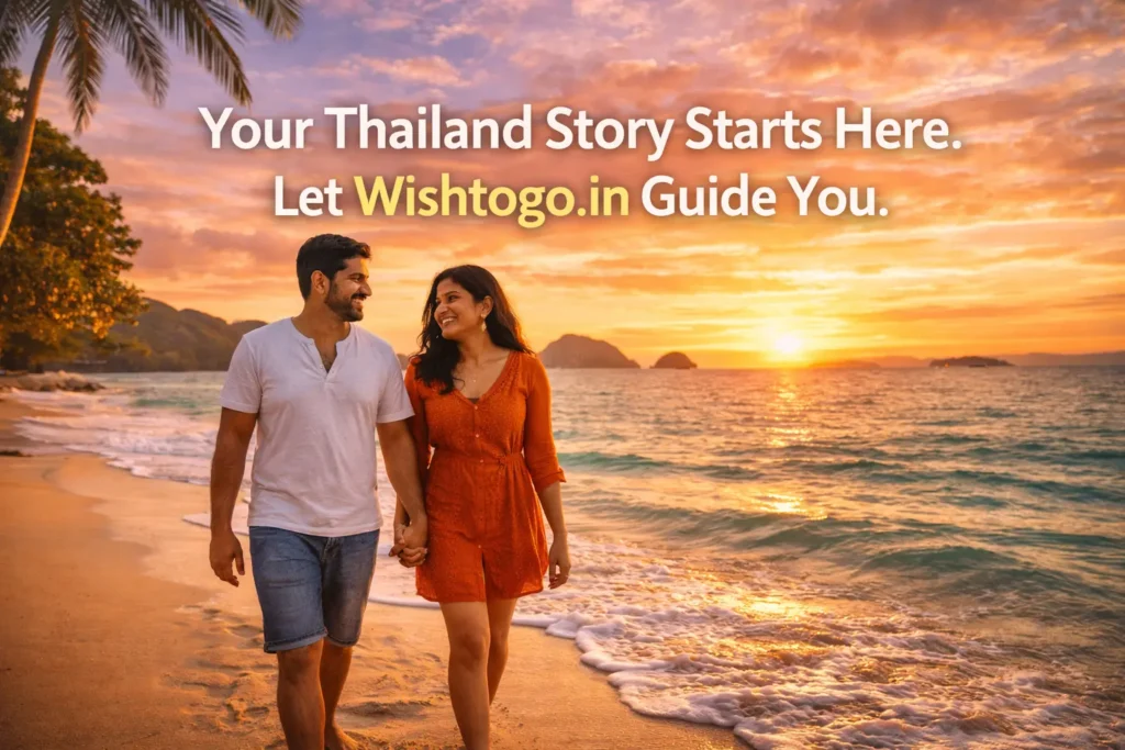 Indian couple on beach in Thailand planning with Wishtogo.in