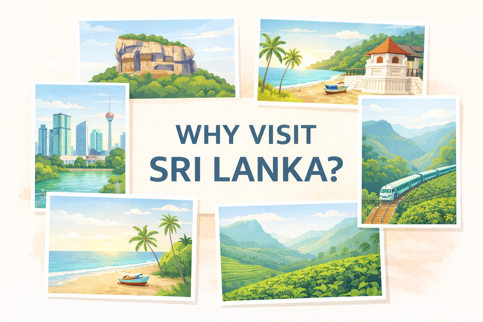Sri lanka itinerary for 7 days from india: kandy, ella and bentota 1 Illustrated collage of Sri Lankan landscapes and heritage scenes
