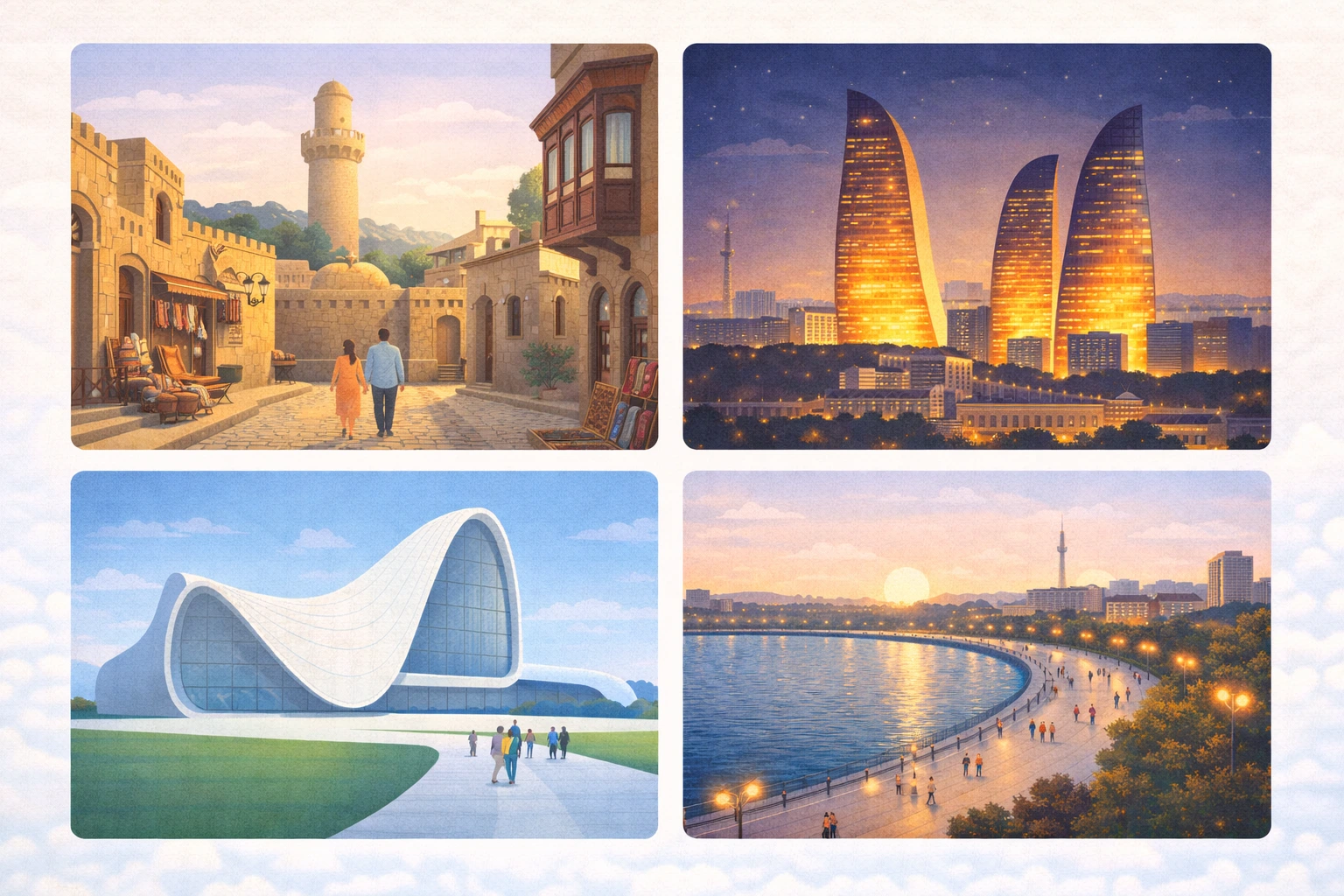 Baku itinerary for 4 days from india: old city, waterfront and one day trip 2 Illustrated selection of Baku heritage and modern landmarks