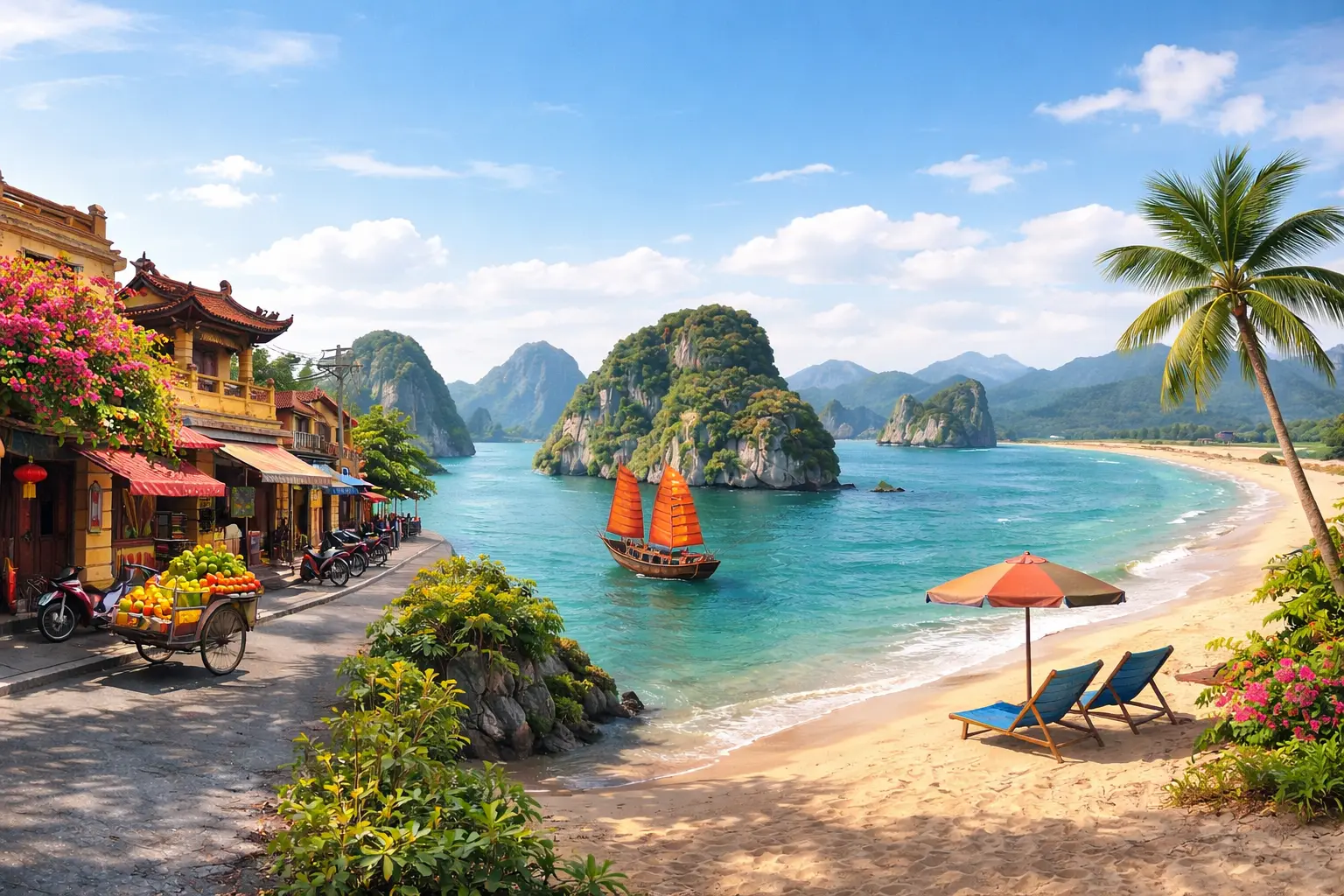 Illustration of Vietnamese coastal scenery, limestone islands and heritage-style streets