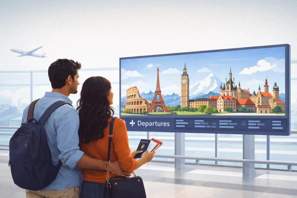 Indian couple planning a Europe trip from India with famous European landmarks in the background