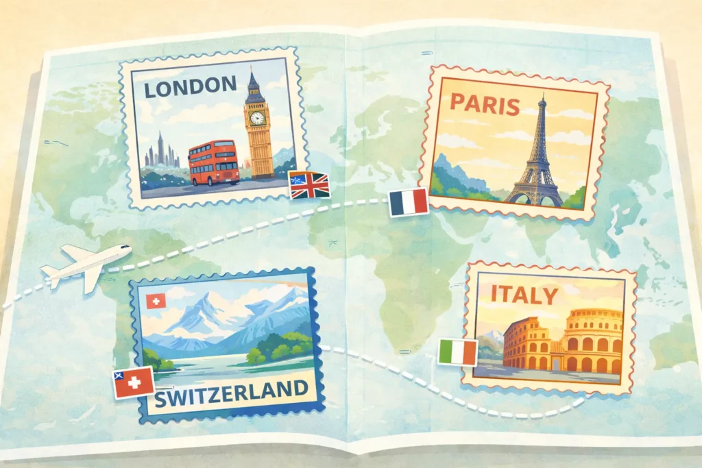 Multi-country Europe itinerary London, Paris, Switzerland and Italy