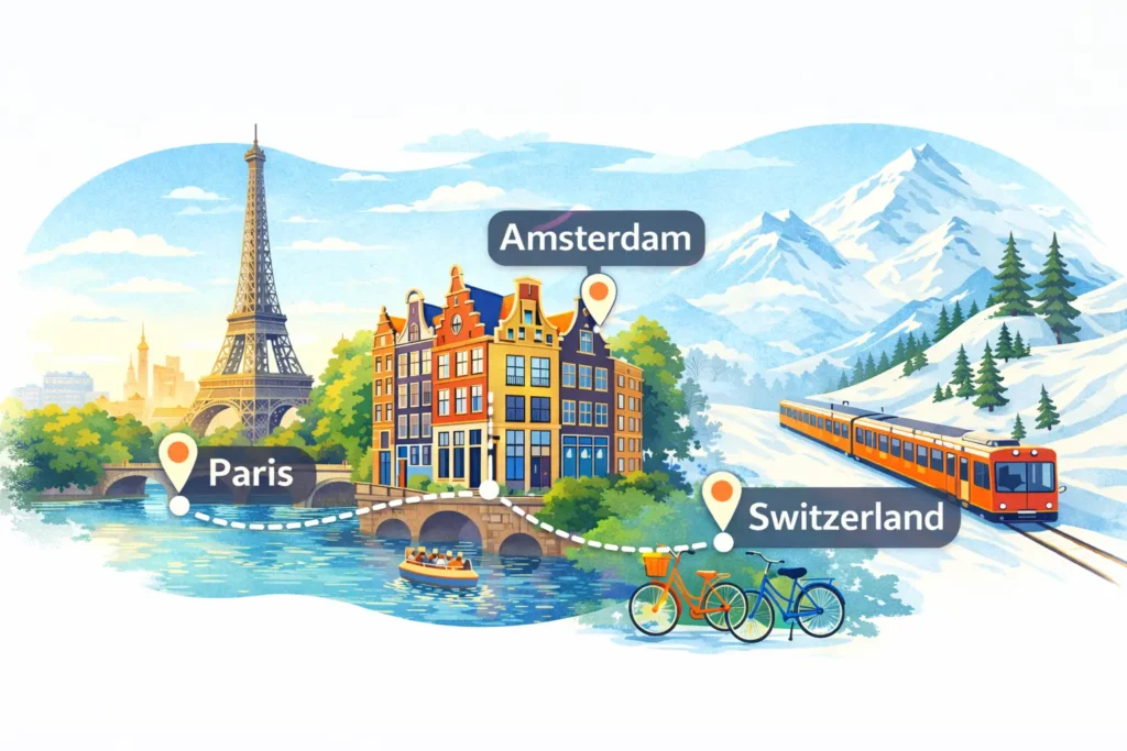 Eiffel Tower, Amsterdam canal and Swiss Alps train for a classic Europe itinerary