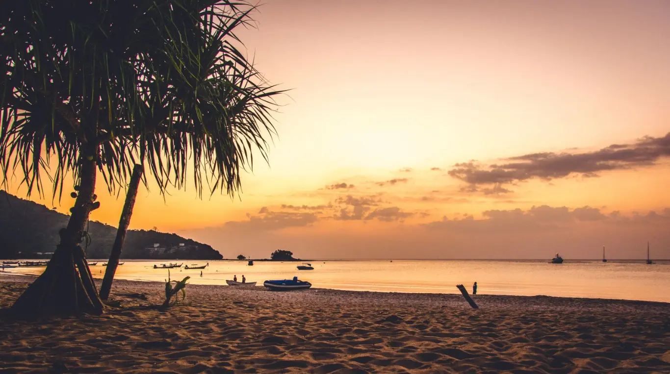 Thailand itinerary for 7 days from india: bangkok, phuket & phi phi 3 Boats offshore and trees silhouetted against a Phuket beach sunset