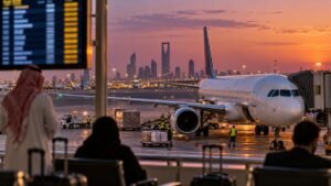 Passenger aircraft at a Saudi airport gate at sunset