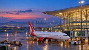 Home 26 Passenger aircraft at Navi Mumbai International Airport terminal at dusk