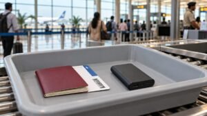 Power bank and passport in airport security tray