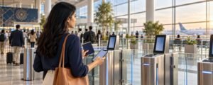 Home 25 Traveller using a digital airport processing gate with passport and smartphone