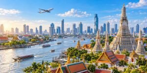 Home 26 Bangkok skyline and temple beside the Chao Phraya River illustrating direct flight connectivity from Guwahati