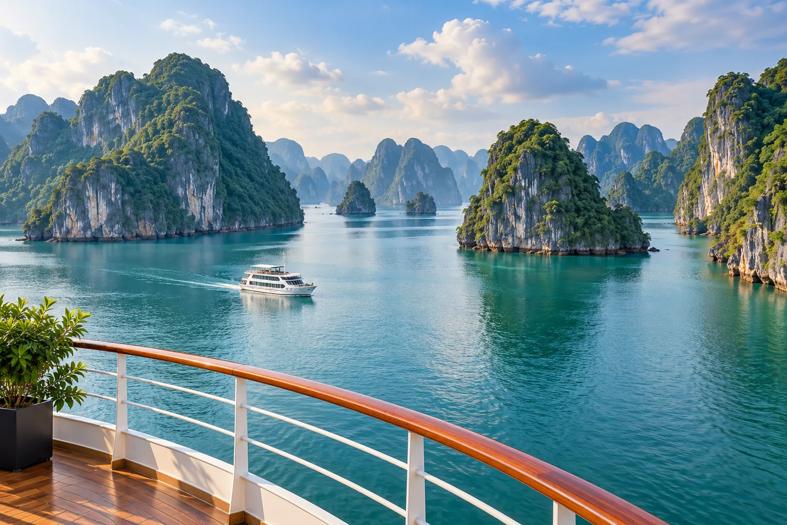 AI-generated illustration of a cruise boat among Ha Long Bay’s limestone islands