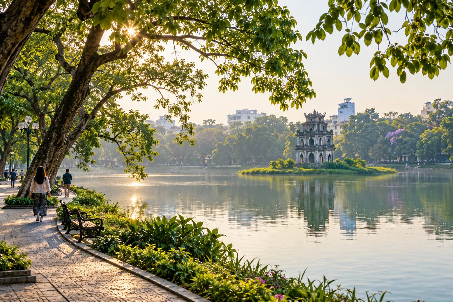 AI-generated illustration of Hoan Kiem Lake and Turtle Tower in Hanoi