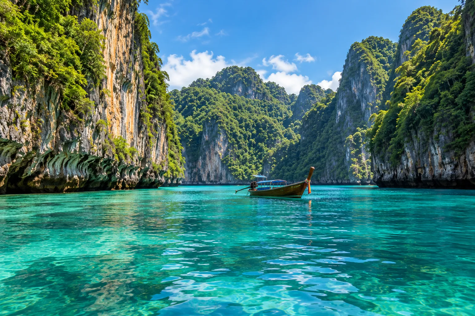 Thailand itinerary for 7 days from india: bangkok, phuket & phi phi 4 AI-generated illustration of a long-tail boat in a turquoise bay inspired by the Phi Phi Islands